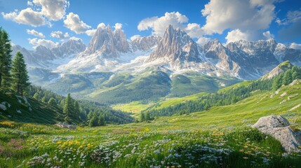 Idyllic mountain scenery with meadow, forests, and snow-capped peaks under bright sky. It showcases natural beauty for travel blogs, or landscape photography projects.