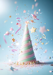 Pastel green and rose pink striped party hat topped with confetti details for a vibrant celebration moment