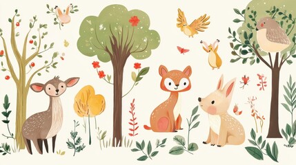 Fototapeta premium Cute woodland animals, birds, trees, and plants illustration.