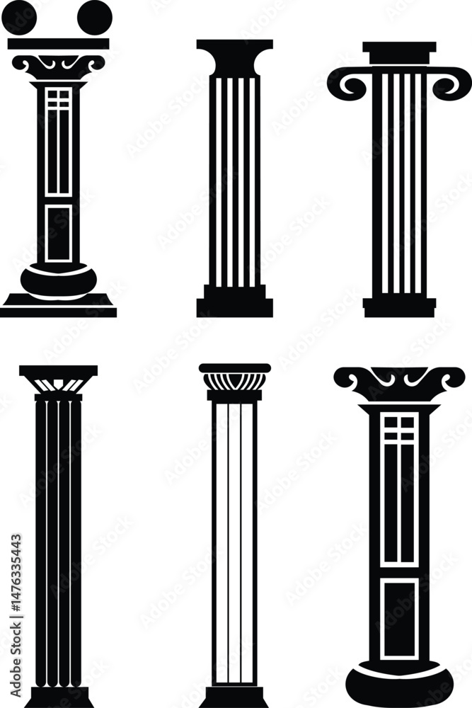 Poster icon set of classical building with columns representing ancient architecture, linear style icon. historic designs. Editable stroke width symbols elements infographics for web transparent background
