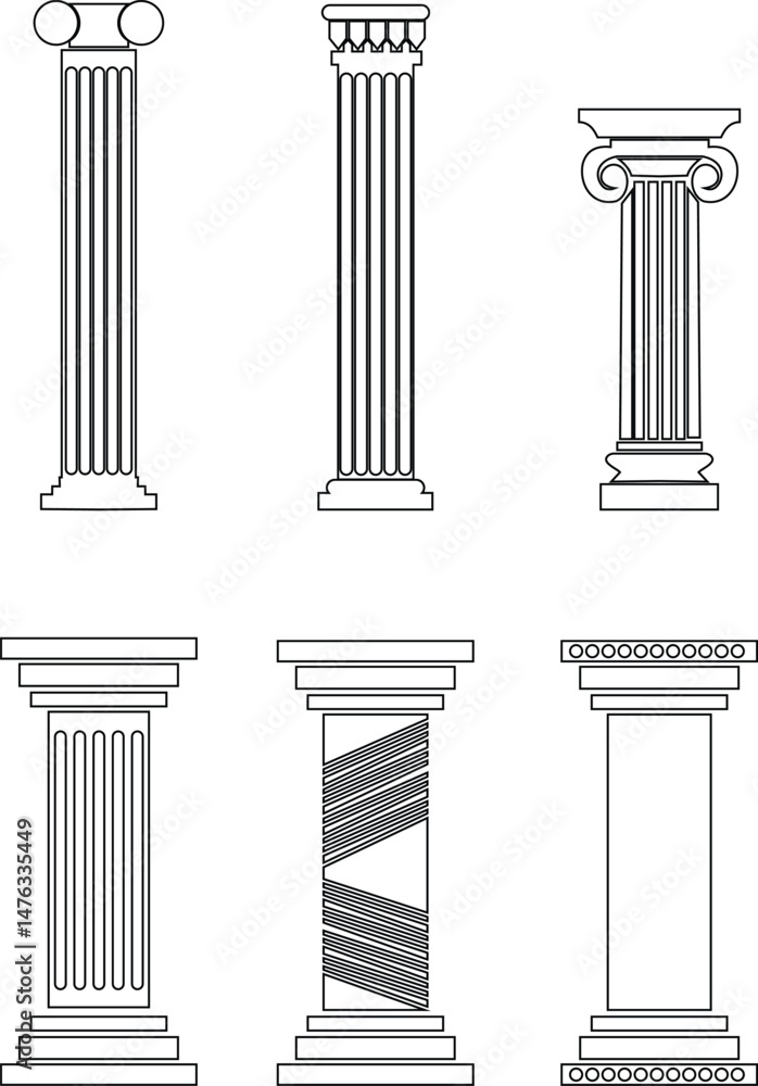 Poster icon set of classical building with columns representing ancient architecture, linear style icon. historic designs. Editable stroke width symbols elements infographics for web transparent background