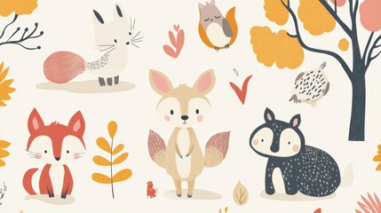 Obraz premium Cute cartoon foxes, owls, hedgehogs and autumn leaves seamless pattern.