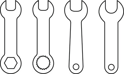 Wrench icons set. Repair outline vectors. Construction hardware industrial silhouette. Mechanic spanner signs collection. Professional maintain tools for ui designs isolated on transparent background.