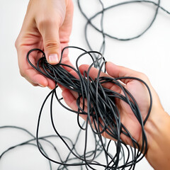 Hands trying to untangle tangled black electrical wires, tangled wires in hands, close-up on a white background