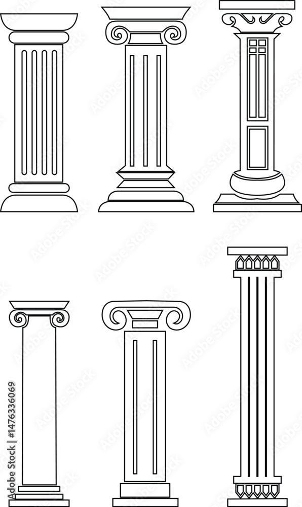 Poster icon set of classical building with columns representing ancient architecture, linear style icon. historic designs. Editable stroke width symbols elements infographics for web transparent background