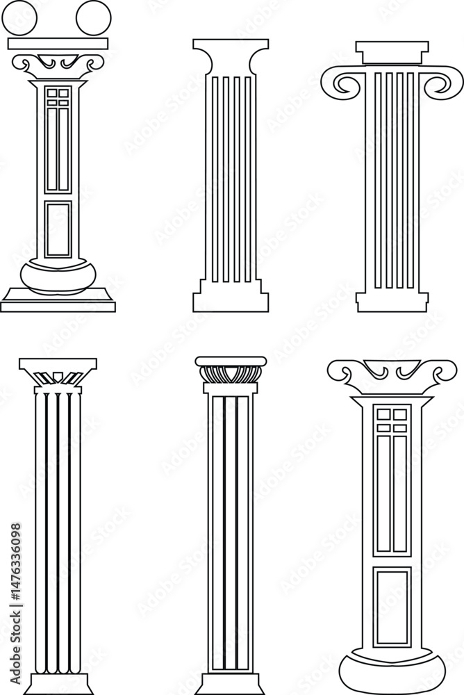 Poster icon set of classical building with columns representing ancient architecture, linear style icon. historic designs. Editable stroke width symbols elements infographics for web transparent background