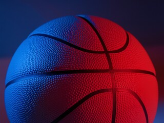 Close-up of a basketball illuminated with red and blue lighting, showing its textured surface and seams.