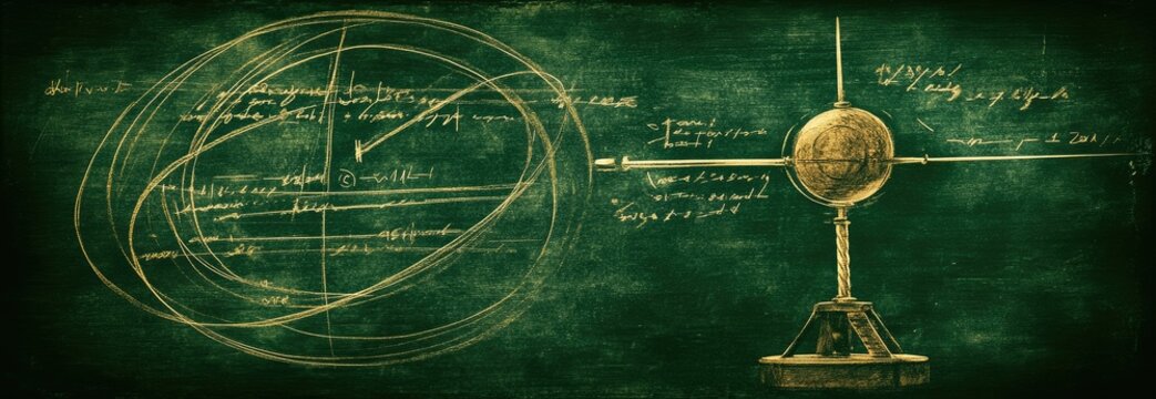 Ancient astronomical diagrams on a dark green chalkboard, showing complex orbital calculations and a globe on a stand