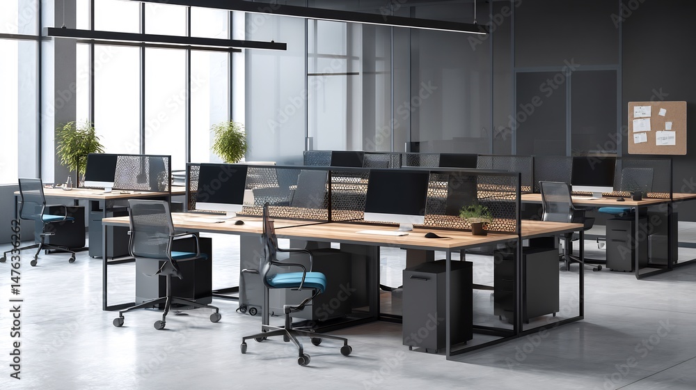 Poster modern office background with sleek desks computer screens and a clean well organized workspace over