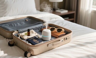 Portable Essential Oil Diffuser with Travel Essentials Neatly Arranged in Open Beige Suitcase on White Bed