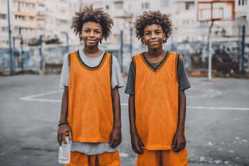 warm and vibrant outdoor close-up snapshot of two young basketball players in orange jerseys smiling and sharing a water bottle during a break in practice on an outdoor c