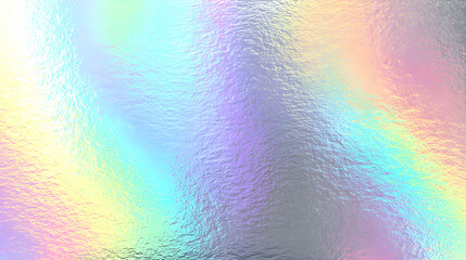 Iridescent holographic rainbow foil background with pastel pearlescent gradient and speckled metal texture vector