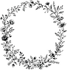 Fototapeta premium Intricate Floral Wreath Silhouette Featuring a Circular Arrangement of Diverse Flowers, Leaves, and Branches, Creating an Elegant Decorative Frame for Artistic, Botanical, and Event-Themed Designs