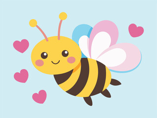 Cute cartoon bee flying with pink hearts on a light blue background for valentine's day