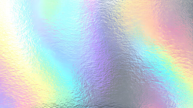 Iridescent holographic rainbow foil background with pastel pearlescent gradient and speckled metal texture vector
