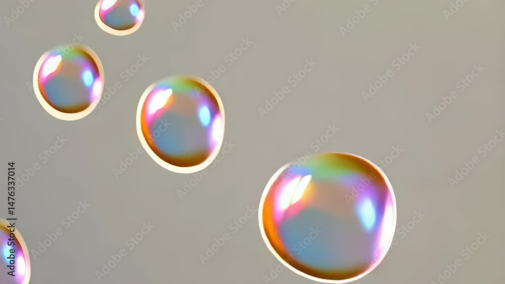 Poster floating translucent spheres with vibrant spectral iridescence and soft reflections against a neutra