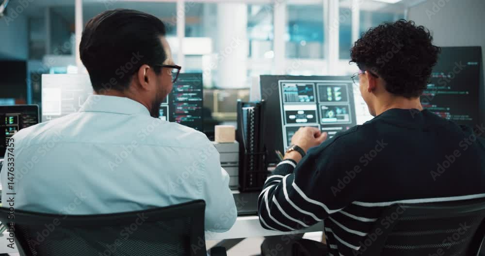 Poster computer, colleagues and men with fist bump, smile and celebration for coding, back and achievement.