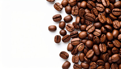 Roasted coffee beans piled up on white background creating a delightful aromatic scene