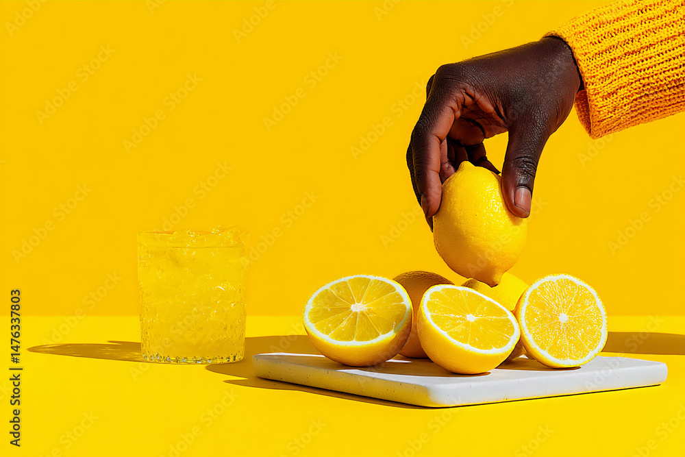 Poster bright and minimal studio snapshot of a hand slicing a bright yellow lemon on a white cutting board 