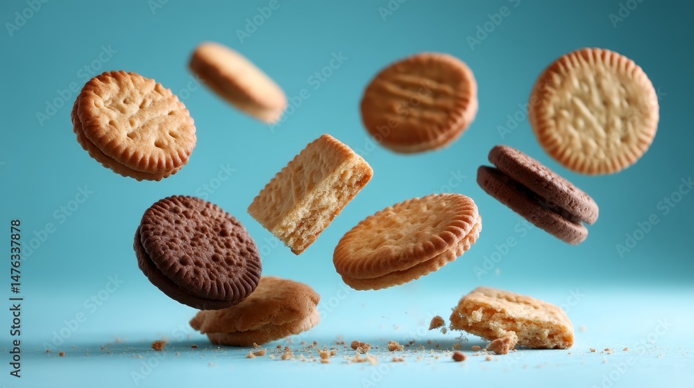 Poster various biscuits float gracefully in mid-air, showcasing their unique textures and forms against a v