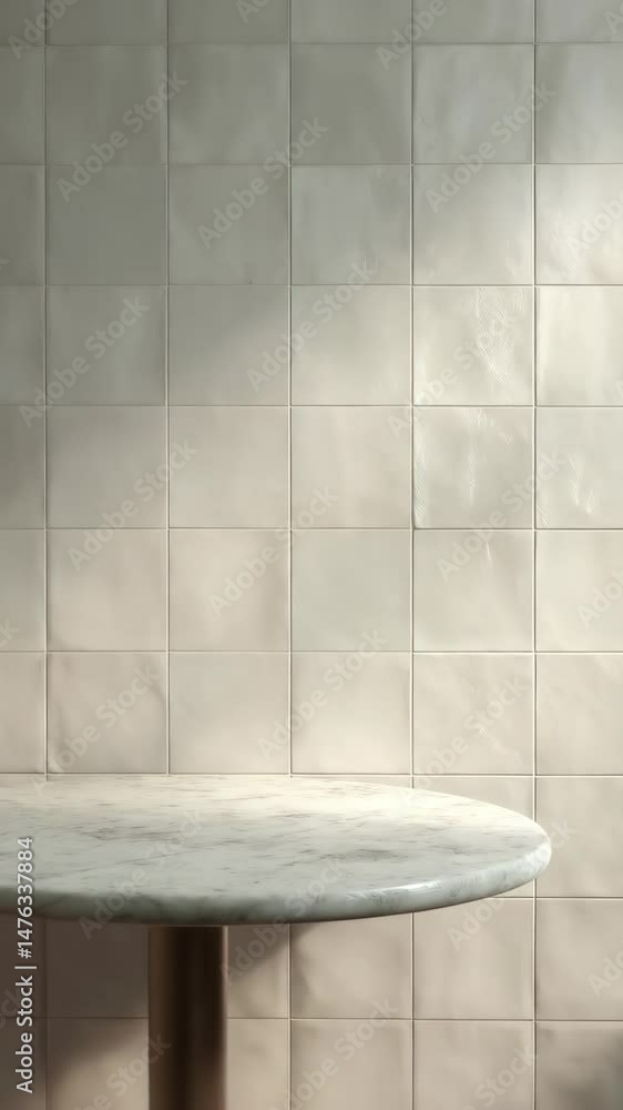 Poster minimalist presentation with a round marble table against a square tiled wall under soft lighting su