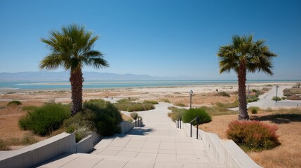 Two palm trees frame a serene view of turquoise water beneath a clear sky, inviting relaxation amid a tranquil beachside landscape with gentle slopes