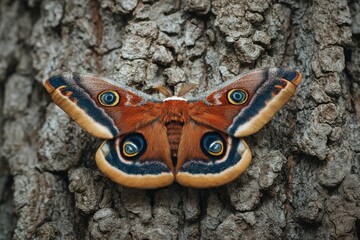 Majestic giant peacock moth resting on textured tree bark - stunning representative of europe's biggest butterfly species