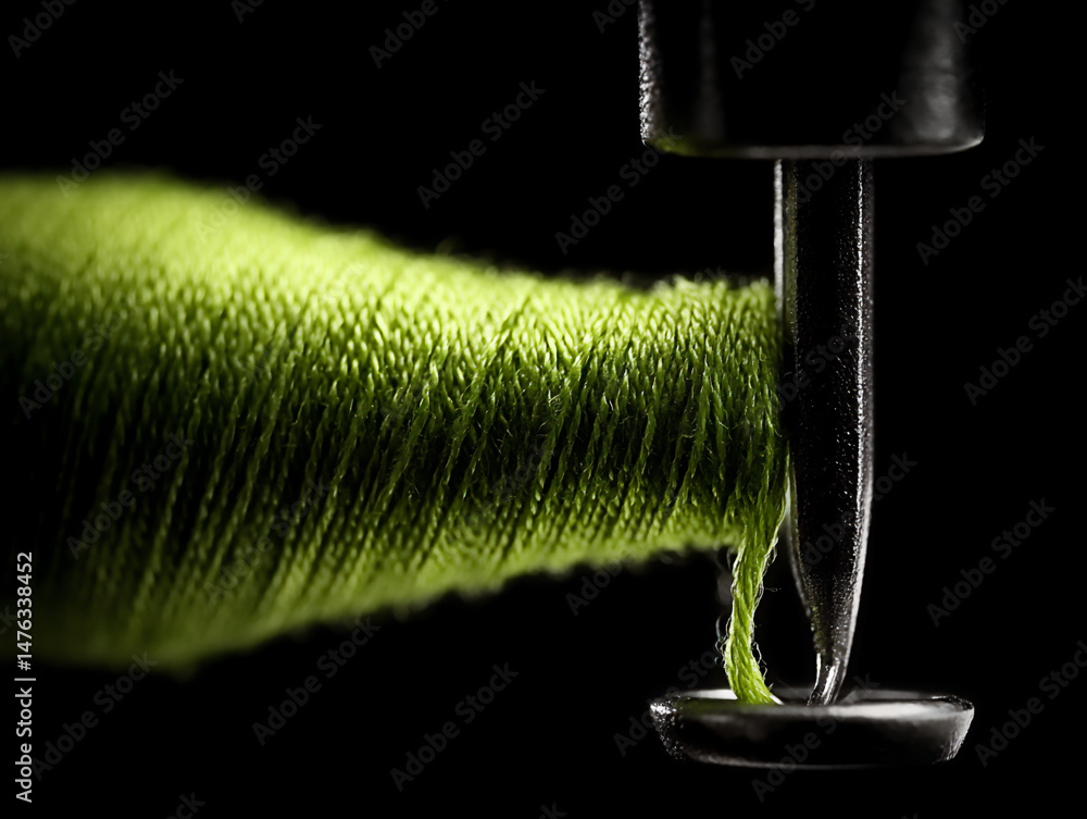Poster close-up macro studio shot of a spool of vibrant green thread unwinding and passing through the thre