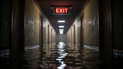 Flash Flood Crisis in Residential Area, Flooded hallway with an illuminated exit sign at the end. Flash Flood Emergency Crisis Concept.