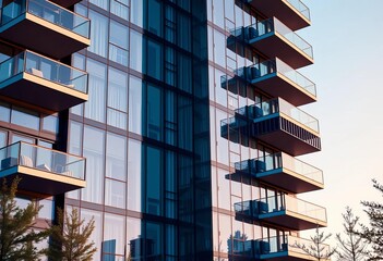 Obraz premium Sleek modern apartment building, glass facade, multiple balconies, copy space, contemporary