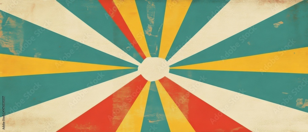 Poster retro sunburst pattern design graphic rays of light radiating from center in teal yellow red and cre