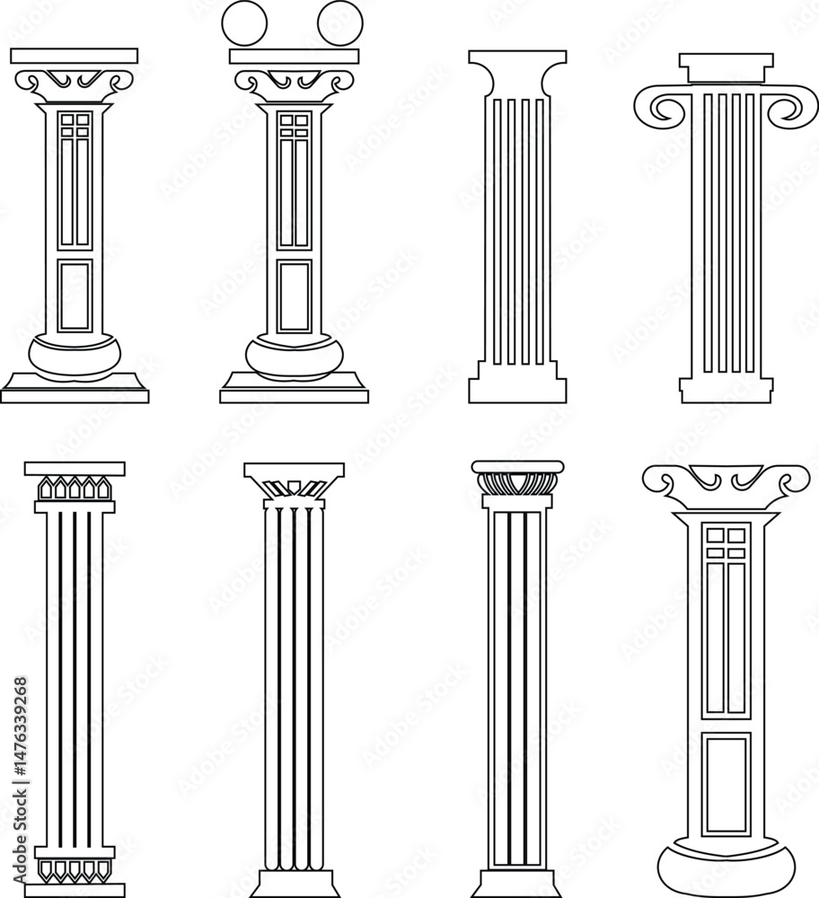 Poster icon set of classical building with columns representing ancient architecture, linear style icon. historic designs. Editable stroke width symbols elements infographics for web transparent background