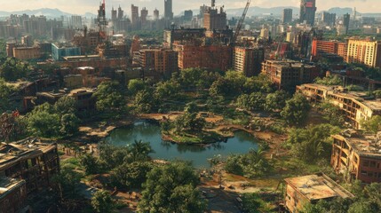 Post-apocalyptic cityscape with overgrown park