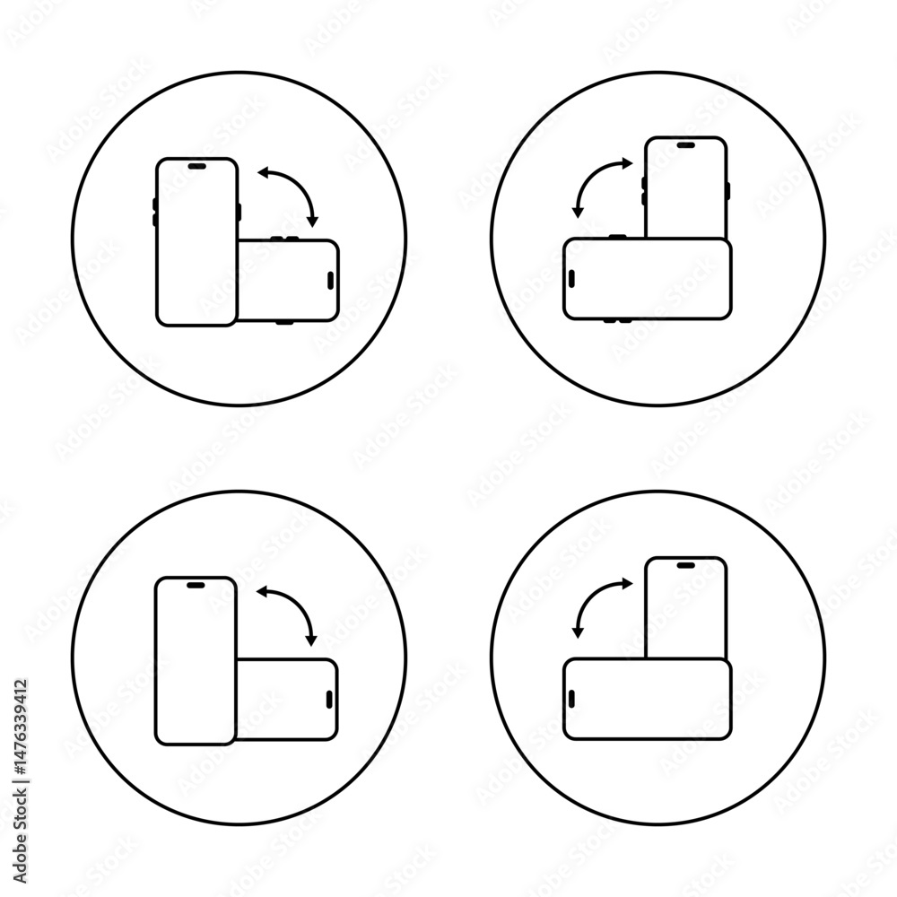 Poster rotate modern smartphone icon set on circle line. mobile phone rotation sign symbol