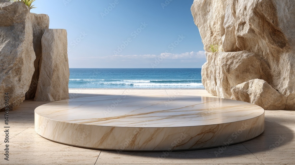 Poster a large stone platform is set on a beach with a view of the ocean