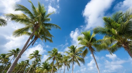 Obraz premium Tall palm trees reach upward against a vibrant blue sky, creating a tranquil tropical atmosphere filled with warmth and sunshine, inviting everyone to relax and unwind