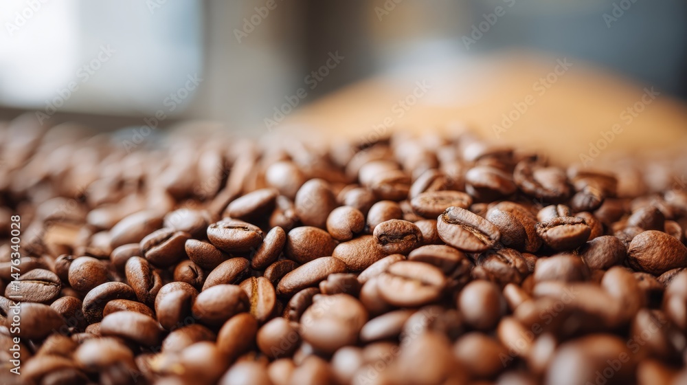 Poster roasted coffee beans create a rich, textured layer, beautifully illuminated by natural light, showca