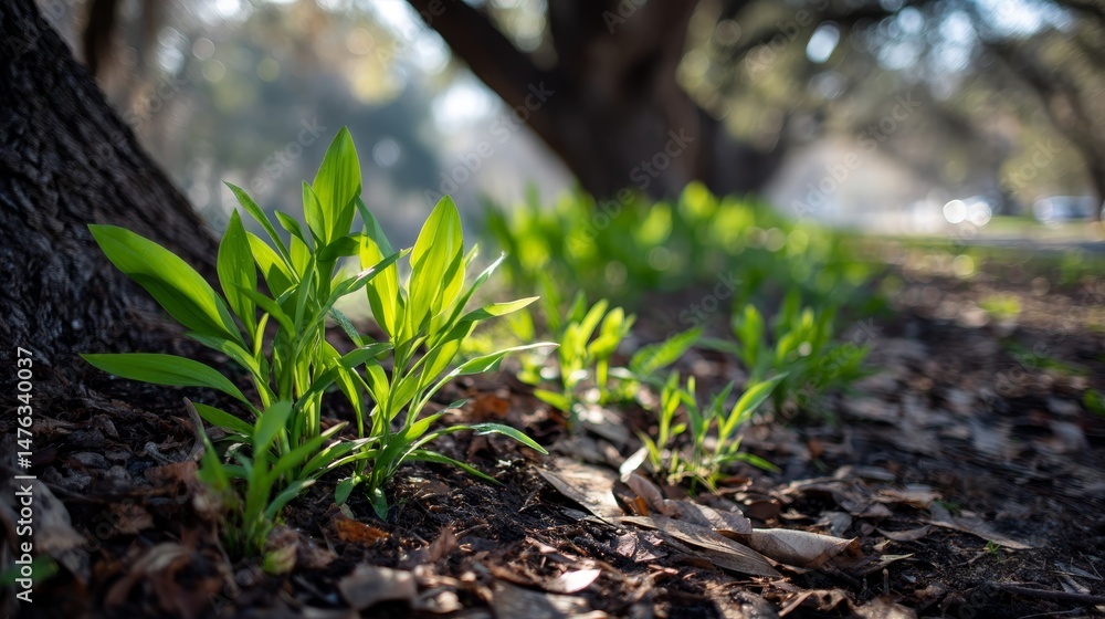 Fototapete vibrant green grass blades catch sunlight in a tranquil outdoor area, illuminated softly as light fi