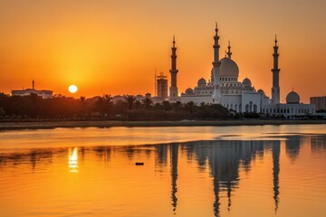 Fototapeta premium Breathtaking Sunset Glow Over Mosque Reflected in Calm Water