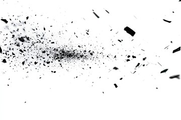 Abstract burst of dark fragments against white background.  Small, irregular shapes radiate outward from a central point