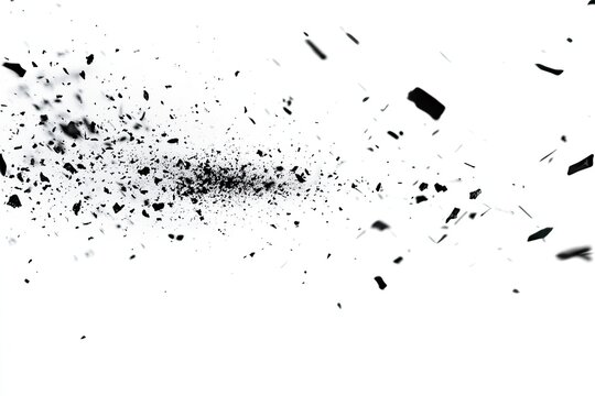 Abstract burst of dark fragments against white background.  Small, irregular shapes radiate outward from a central point