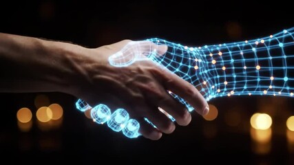Human hand shaking glowing digital wireframe hand with pulsating light nodes and synchronized grip motion