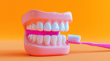 Model teeth being brushed, vibrant orange background