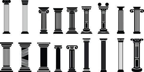 icon set of classical building with columns representing ancient architecture, linear style icon. historic designs. Editable stroke width symbols elements infographics for web transparent background