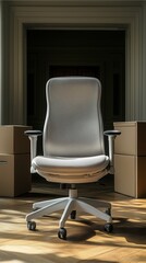 Modern living room and office interior with contemporary furniture and fireplace