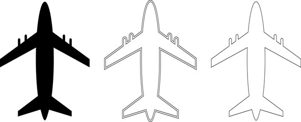 Set of Three Airplane Icons - Solid Black and Outline Styles