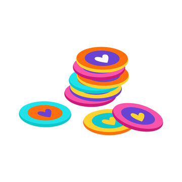 Stack of colorful pogs with a few lying nearby.Milk caps (game). Retro 90s game in flat cartoon style. Nostalgic childhood toy perfect for playful and vintage-themed illustrations.