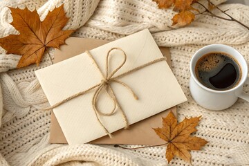 Fall themed flat lay with cozy card, coffee cup, and dry leaves