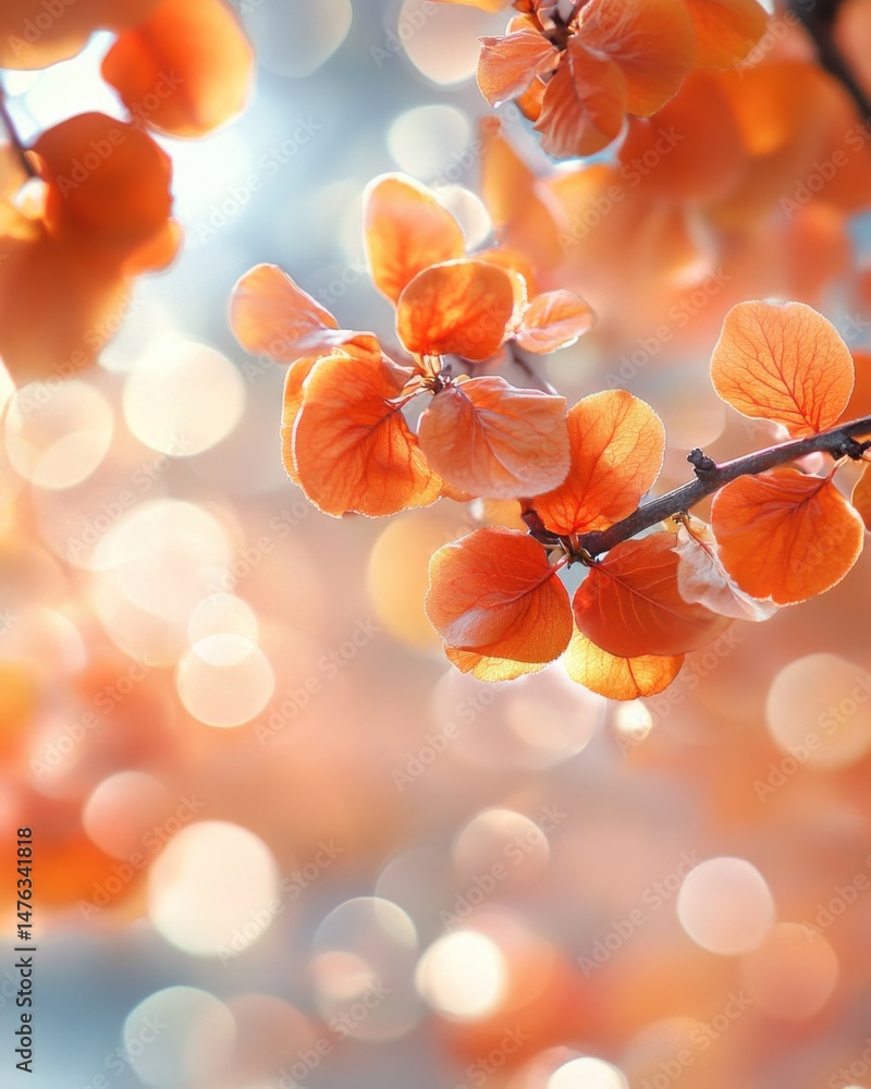 Aufkleber autumnal copper leaves on branch with bokeh background in soft light macro close up nature photograp