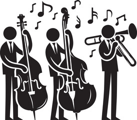 "Black and White Jazz Band Vector Illustration with Musical Instruments"